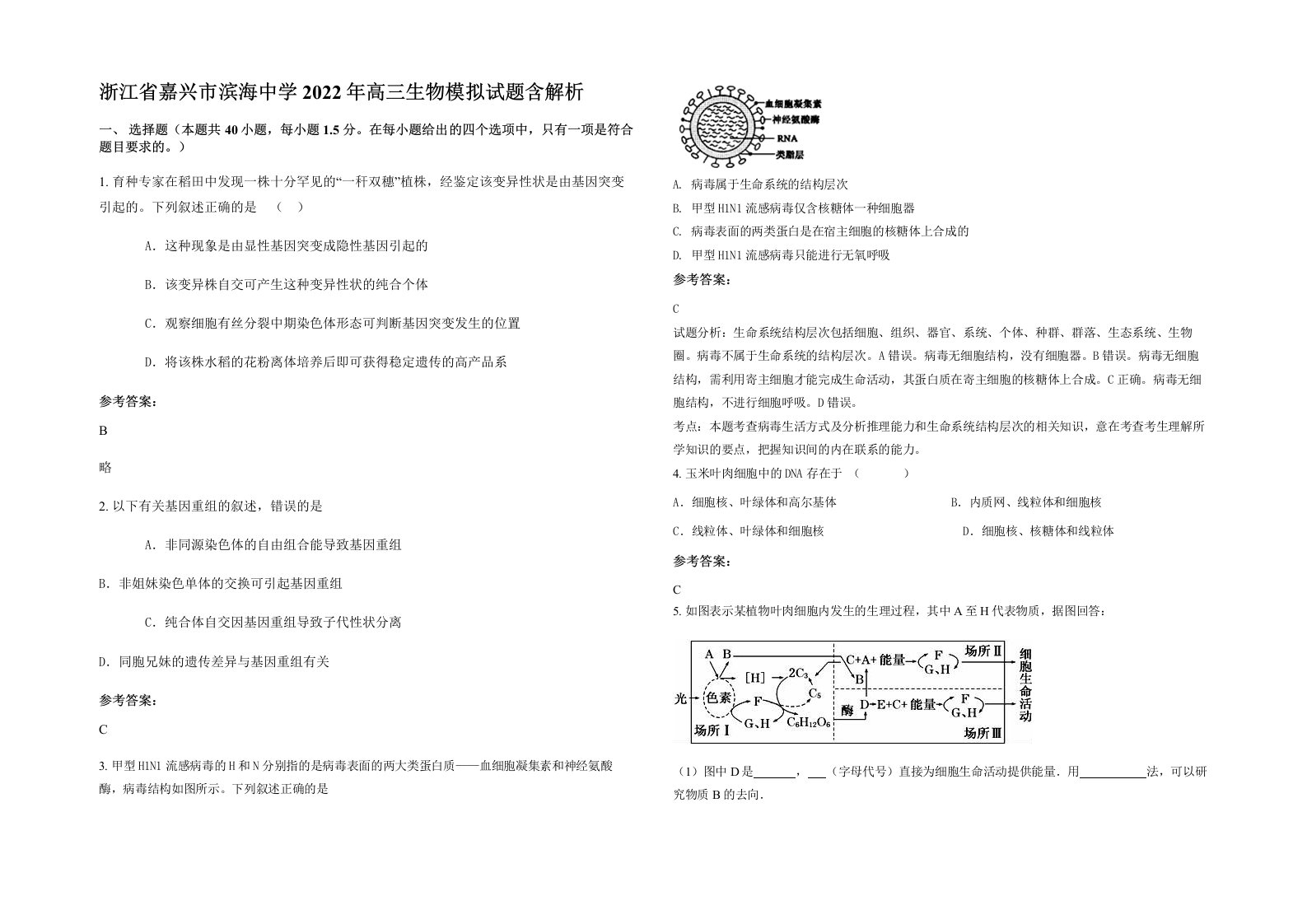 浙江省嘉兴市滨海中学2022年高三生物模拟试题含解析