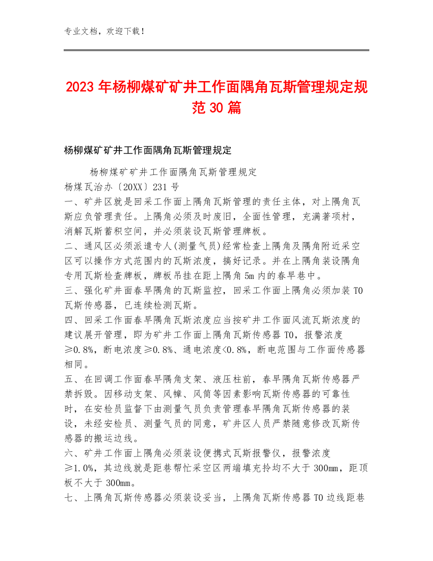 2023年杨柳煤矿矿井工作面隅角瓦斯管理规定规范30篇