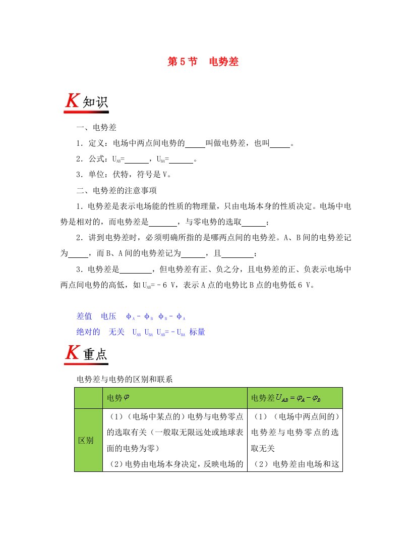 2020学年高中物理专题1.5电势差试题新人教版选修3-1