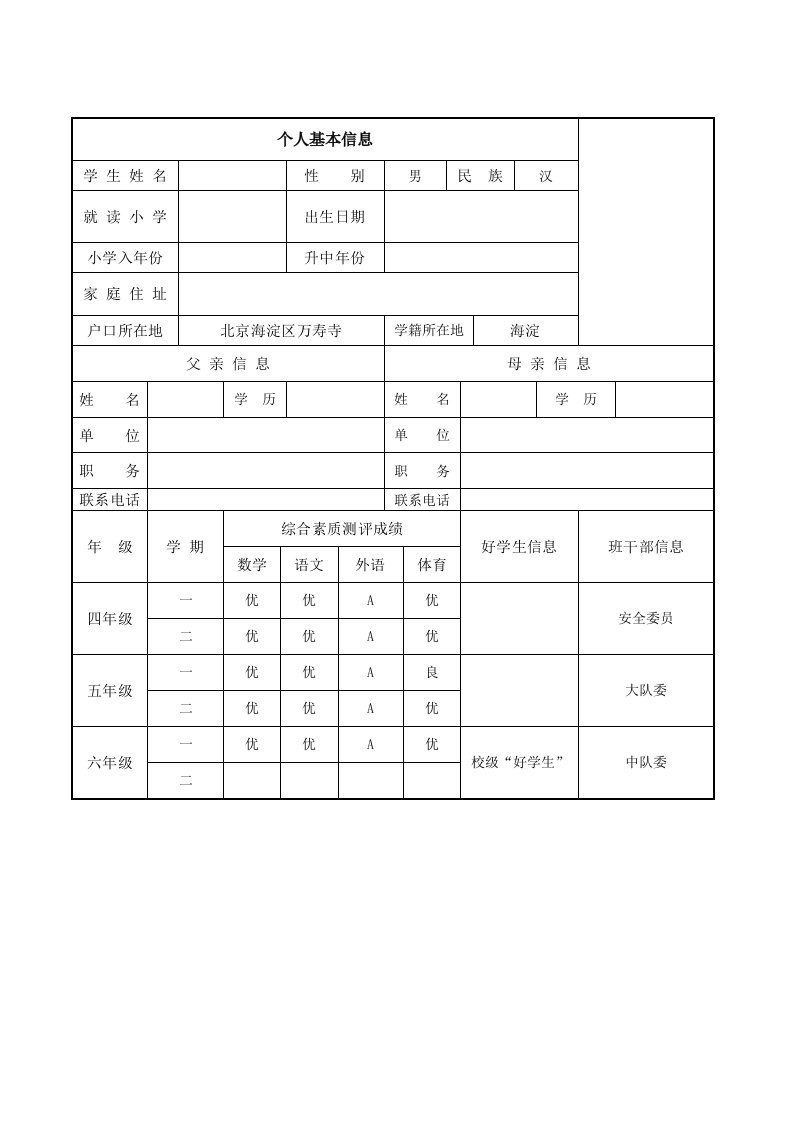 2021年小升初个人简历模板