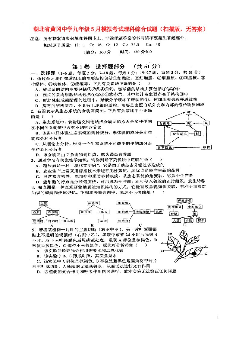 湖北省黄冈中学九级理科综合5月模拟考试试题（扫描版，无答案）