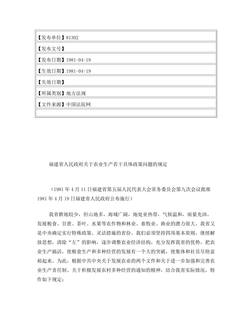 福建省人民政府关于农业生产若干具体政策问题的规定