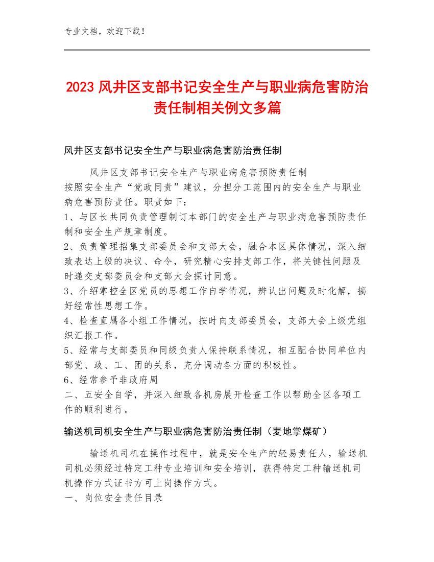 2023风井区支部书记安全生产与职业病危害防治责任制例文多篇