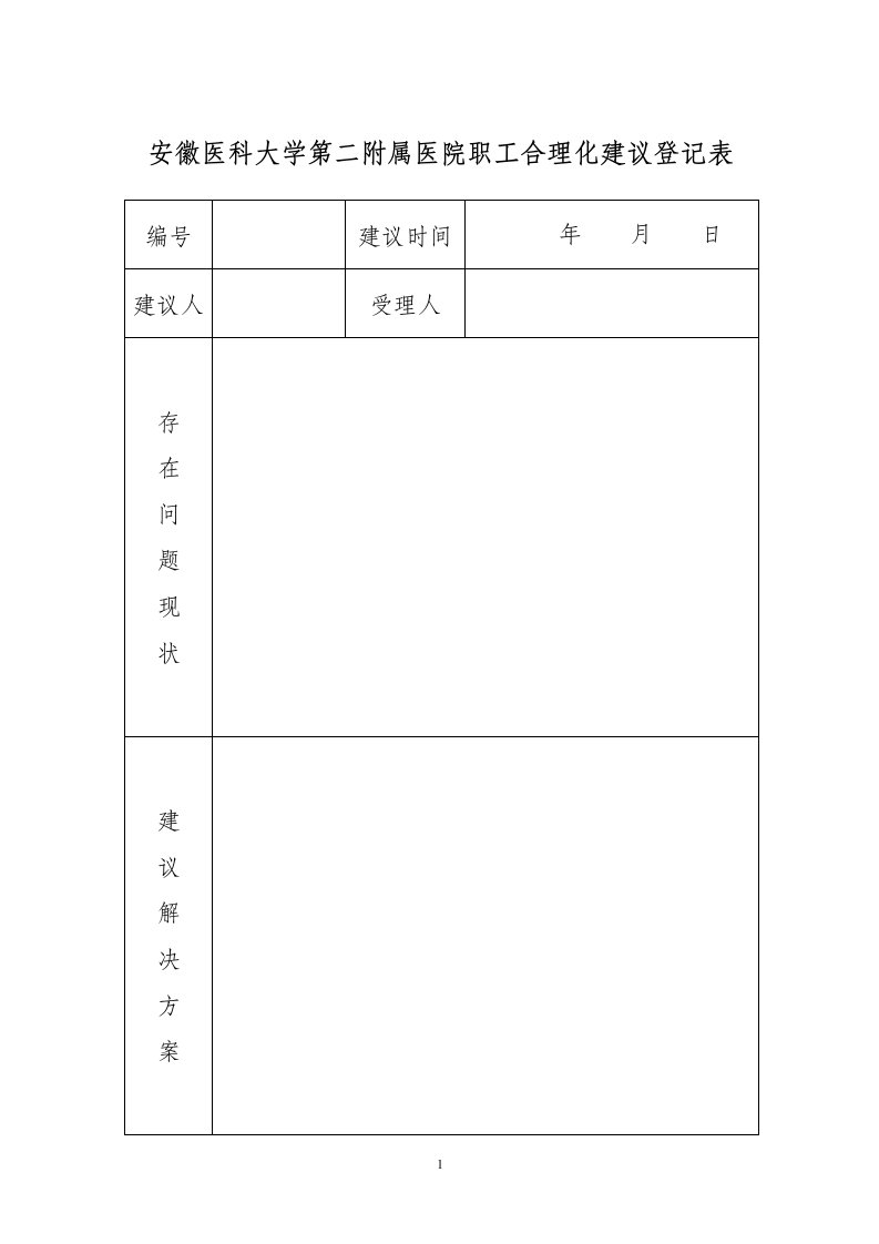 安徽医科大学第二附属医院职工合理化建议登记表