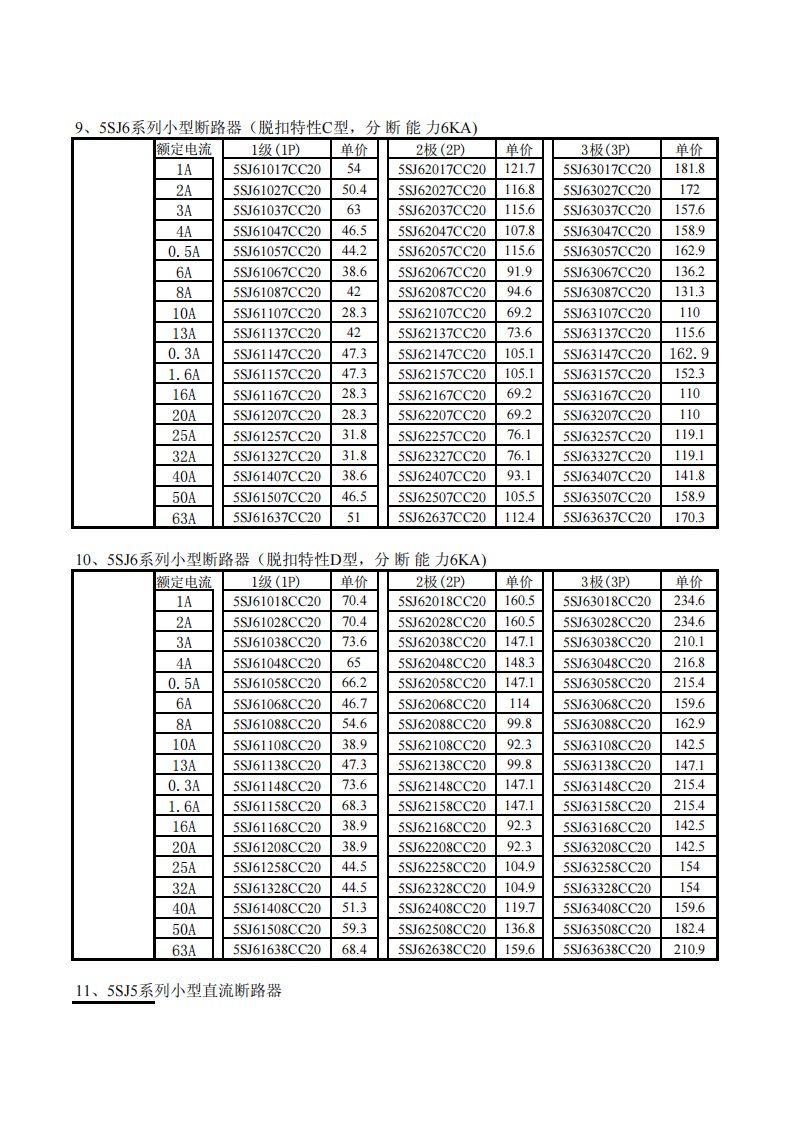 5SJ6系列小型断路器(脱扣特性C型