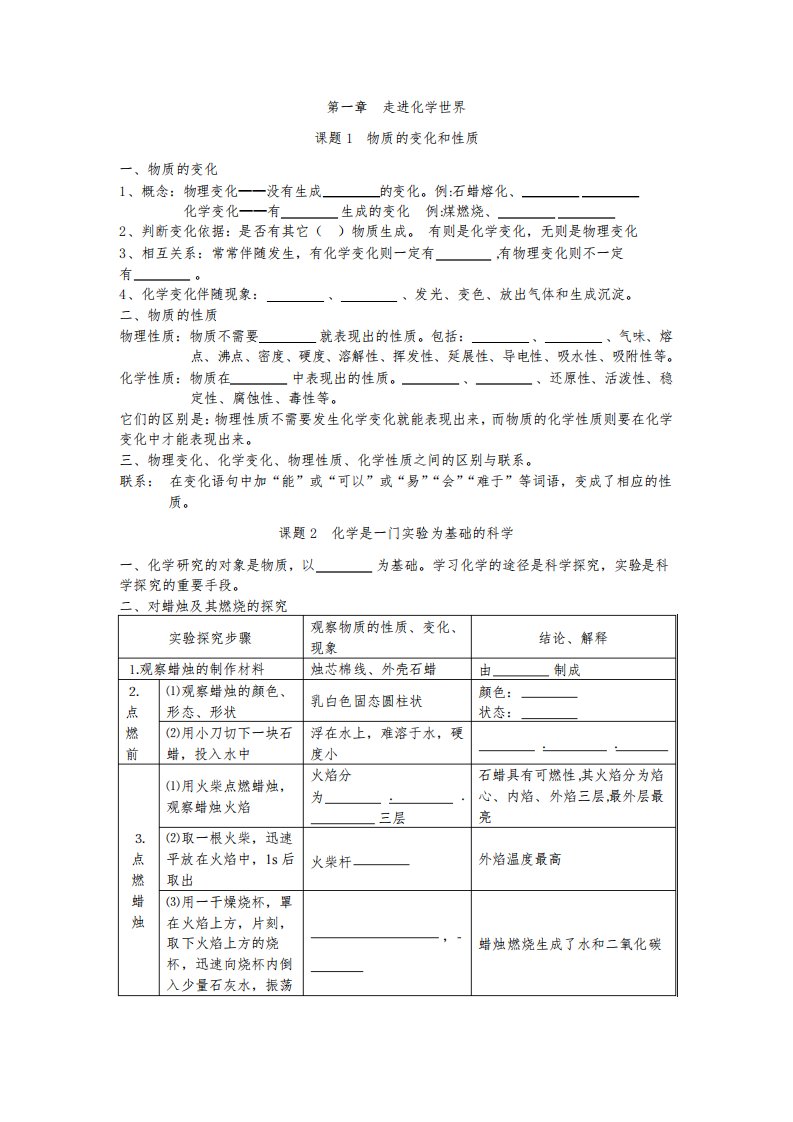 2022人教版化学九年级上册知识点总结(3课题)习题集答案