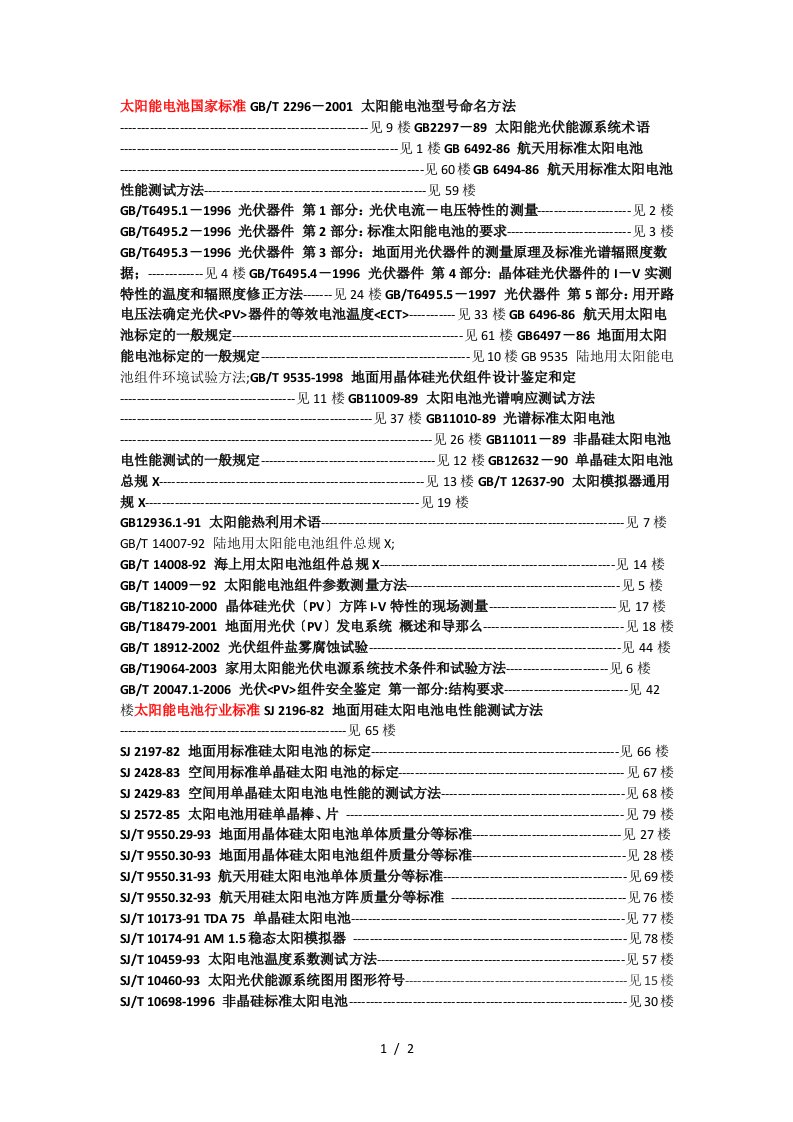 太阳能电池国家标准及行业标准-目录