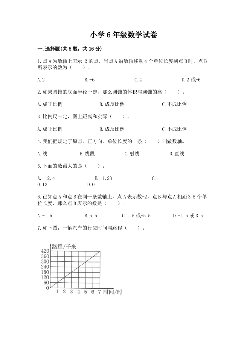 小学6年级数学试卷及参考答案【研优卷】