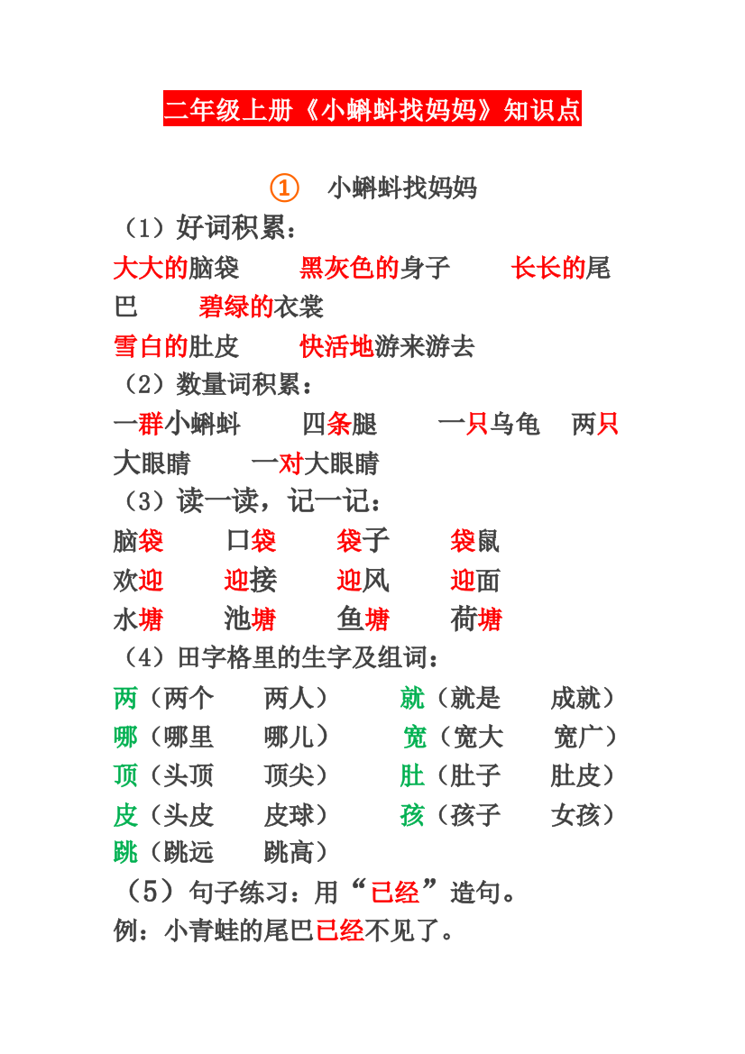 【小学精品】二年级上册《小蝌蚪找妈妈》知识点