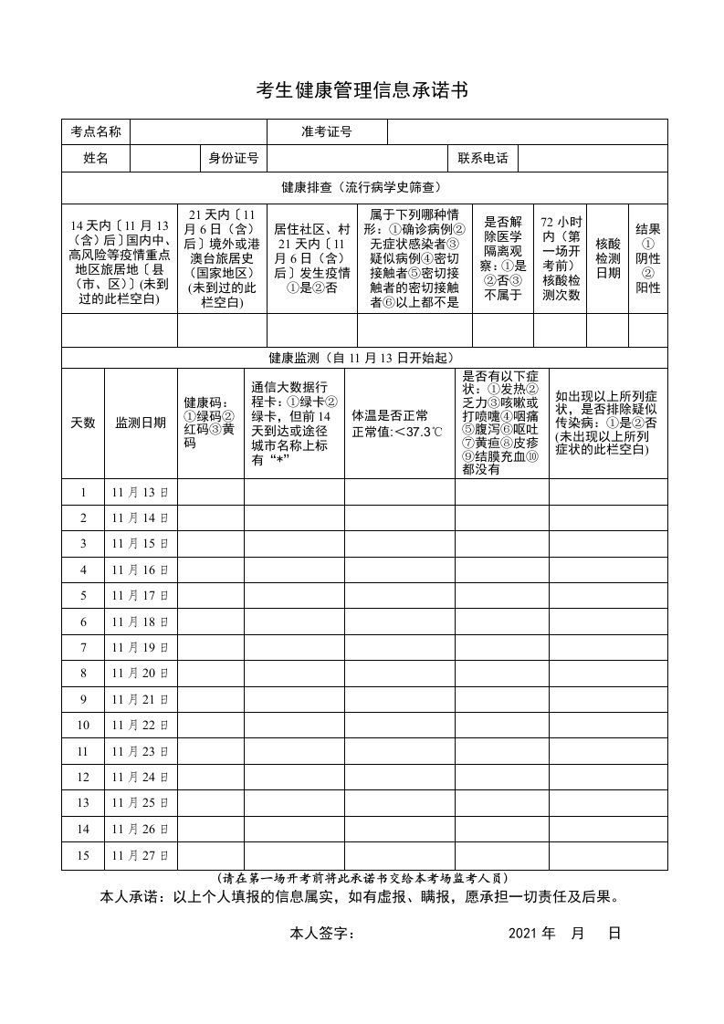 附件：考生健康管理信息承诺书