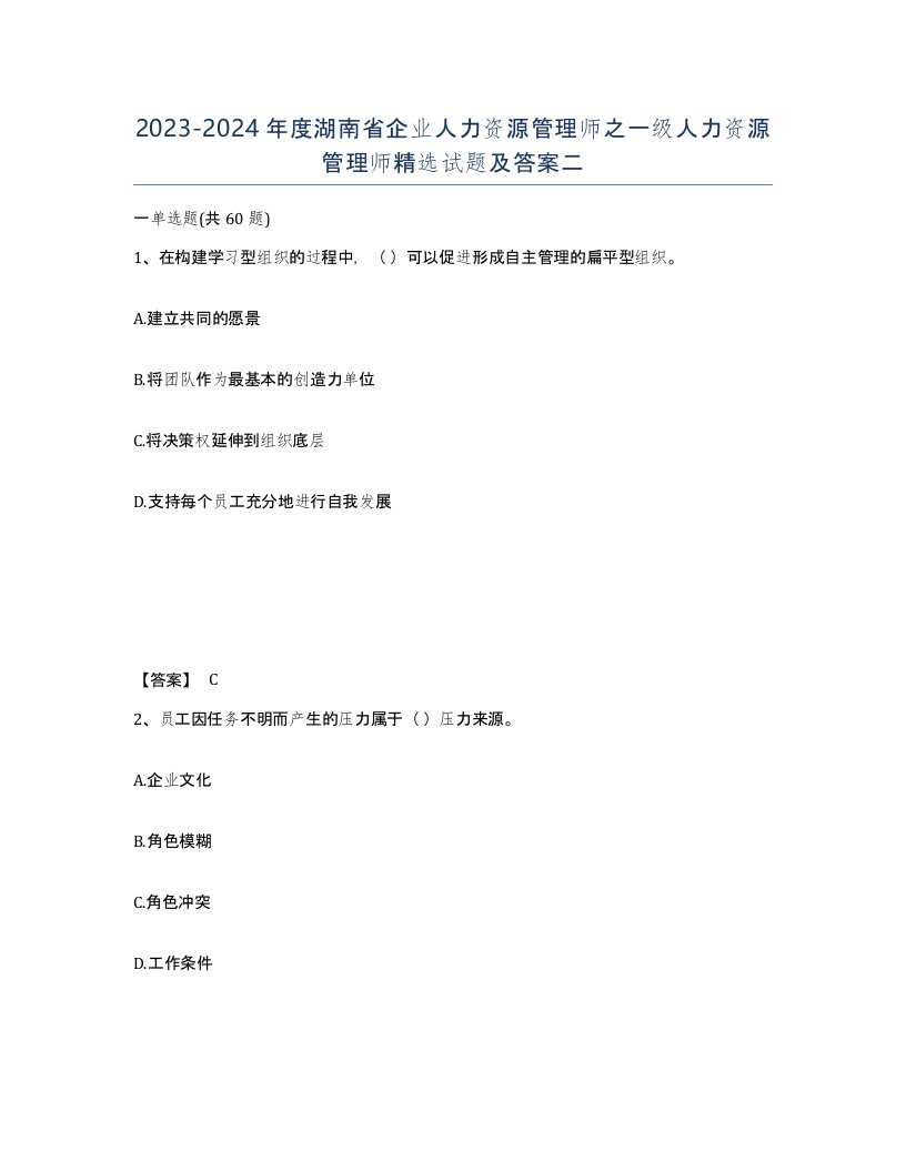 2023-2024年度湖南省企业人力资源管理师之一级人力资源管理师试题及答案二