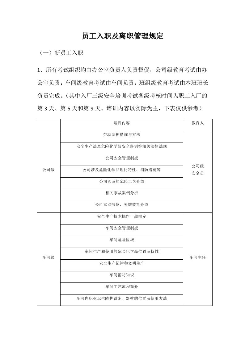 员工入职及离职管理规定