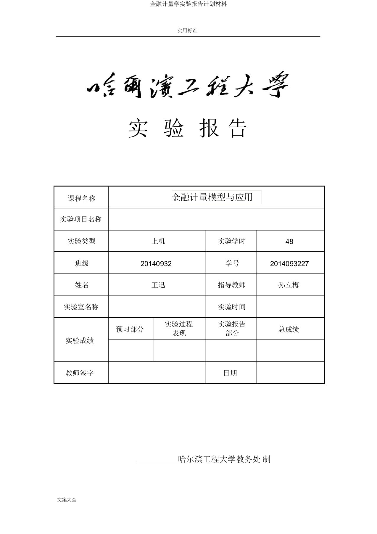 金融计量学实验报告计划材料