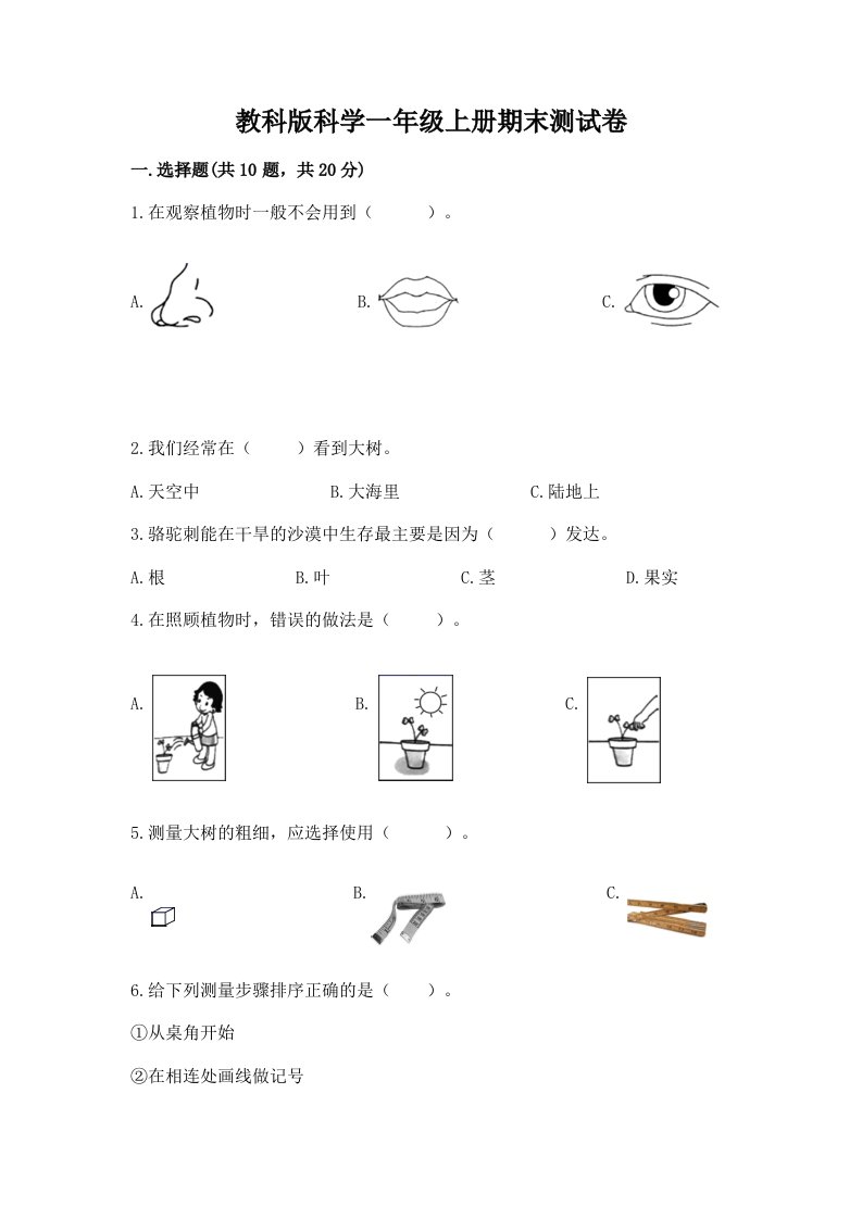 教科版科学一年级上册期末测试卷含完整答案【各地真题】