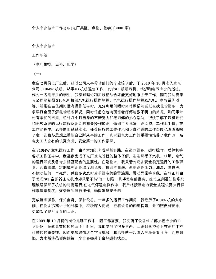 个人专业技术工作总结电厂集控点检化学3000字