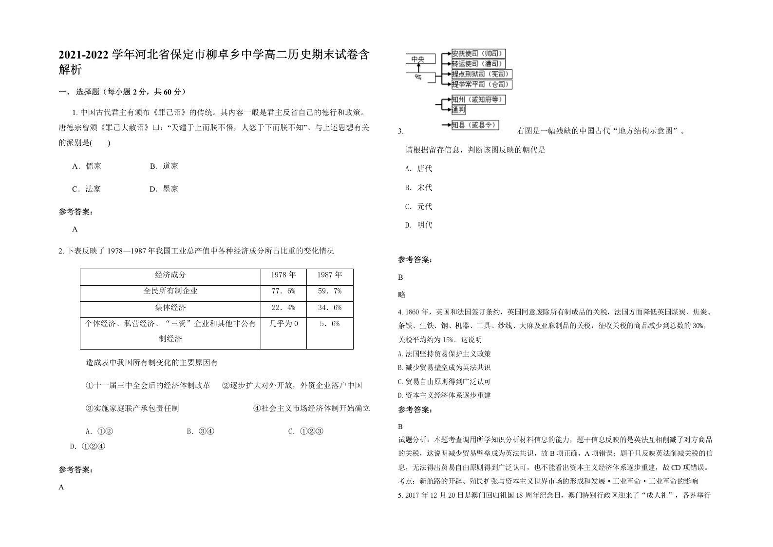 2021-2022学年河北省保定市柳卓乡中学高二历史期末试卷含解析