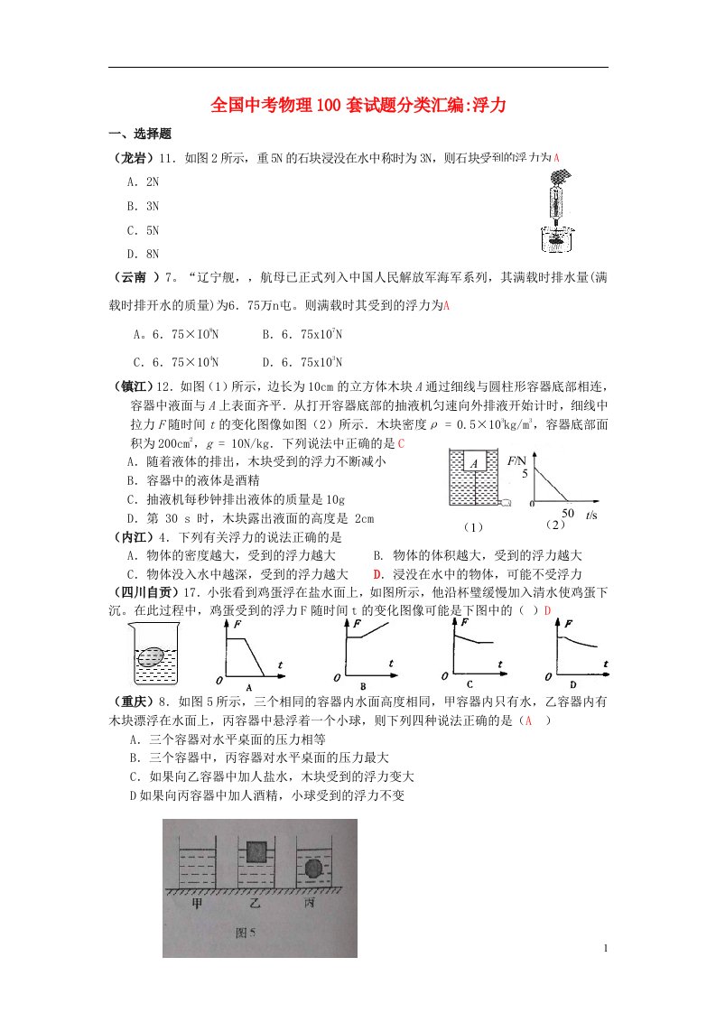 中考物理试题分类汇编