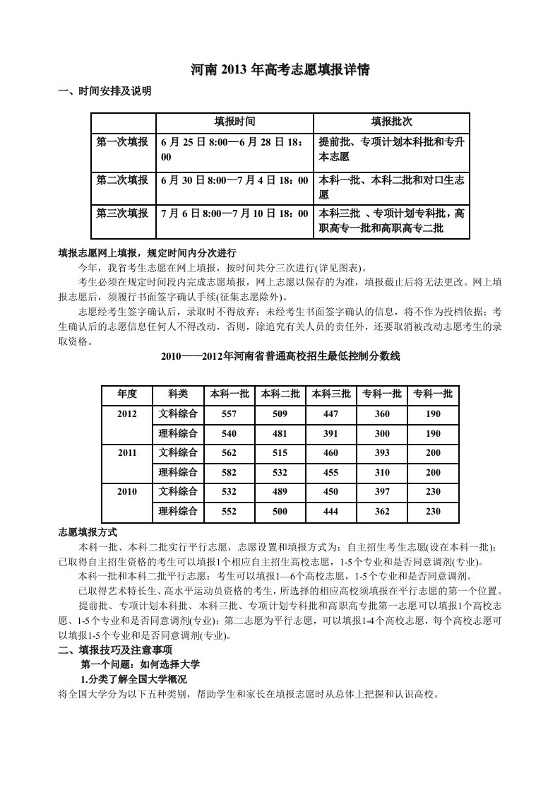 河南2013年高考志愿填报详情