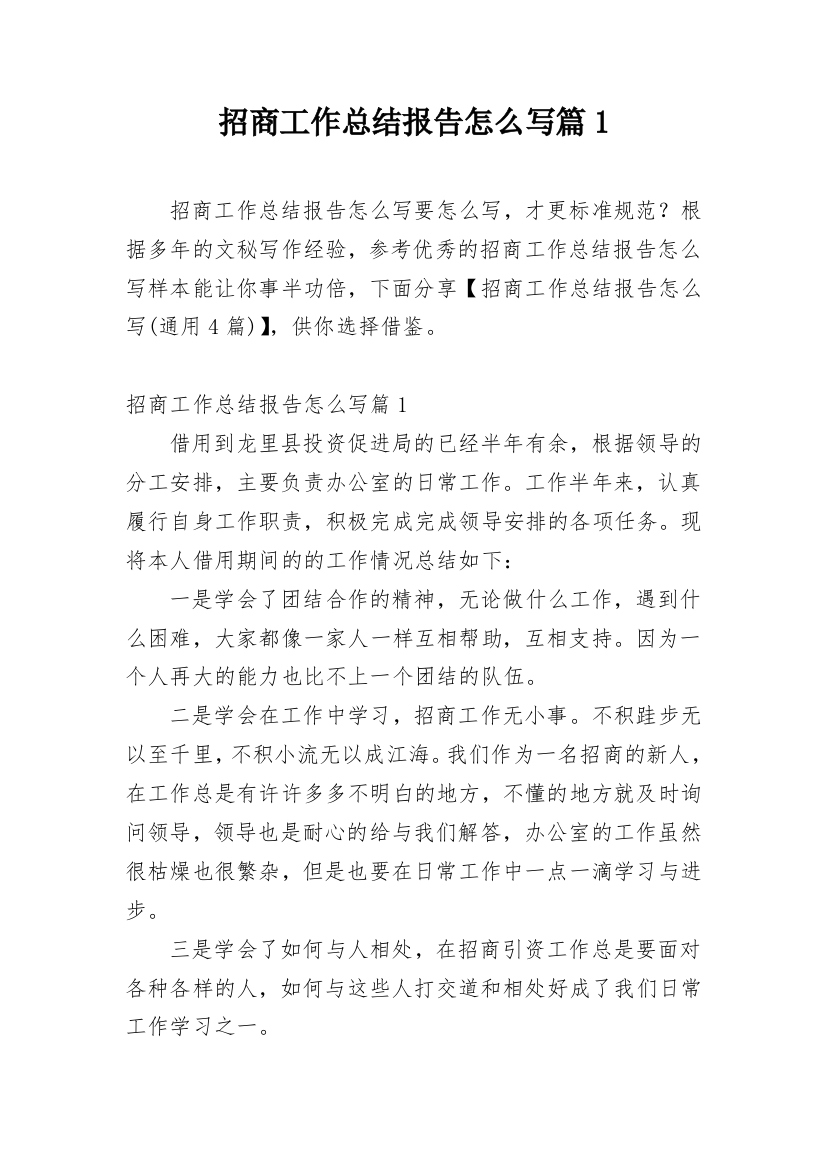 招商工作总结报告怎么写篇1