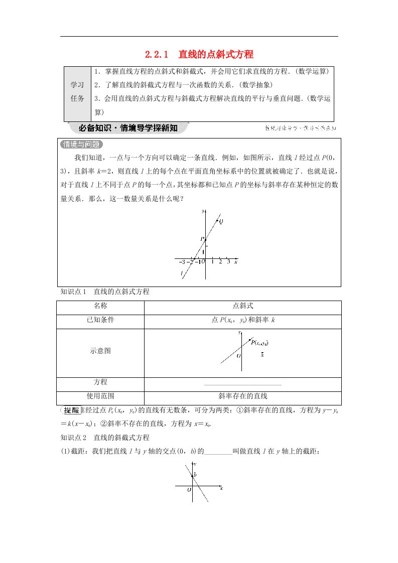 新教材2023年秋高中数学第2章直线和圆的方程2.2直线的方程2.2.1直线的点斜式方程学生用书无答案新人教A版选择性必修第一册