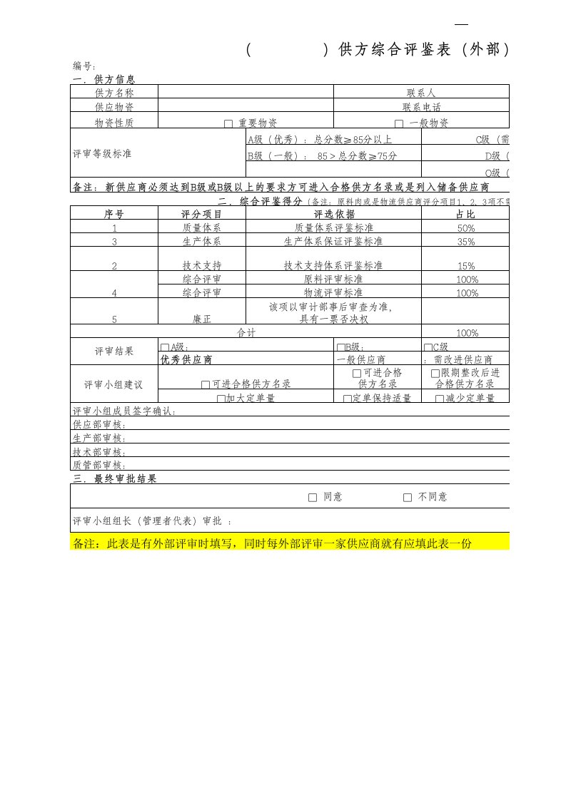 供应商管理-供应商评估套表