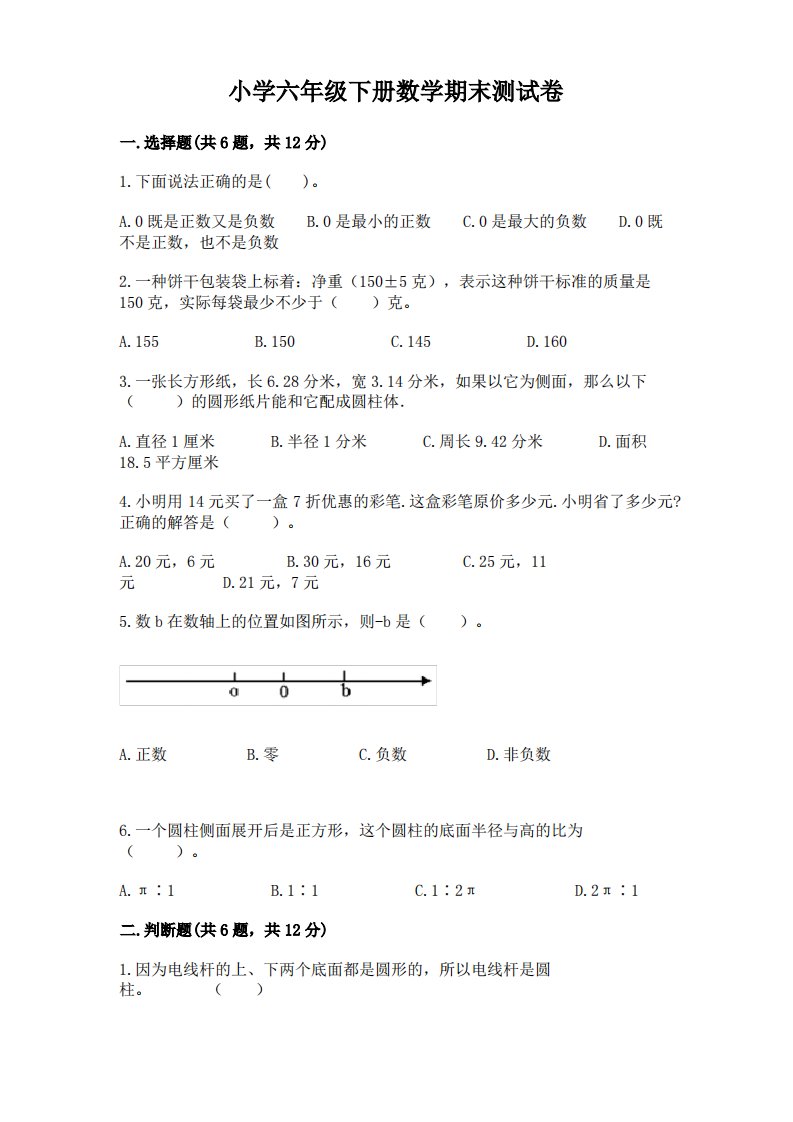 小学六年级下册数学期末测试卷含完整答案(精品)