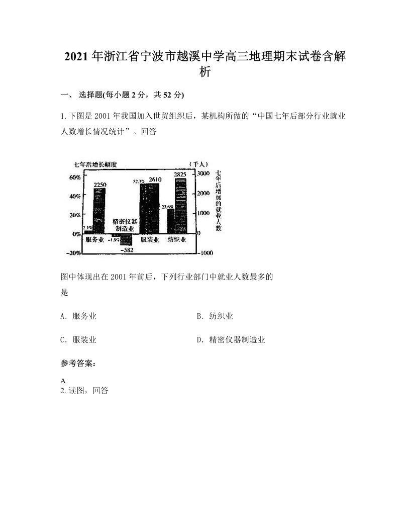 2021年浙江省宁波市越溪中学高三地理期末试卷含解析