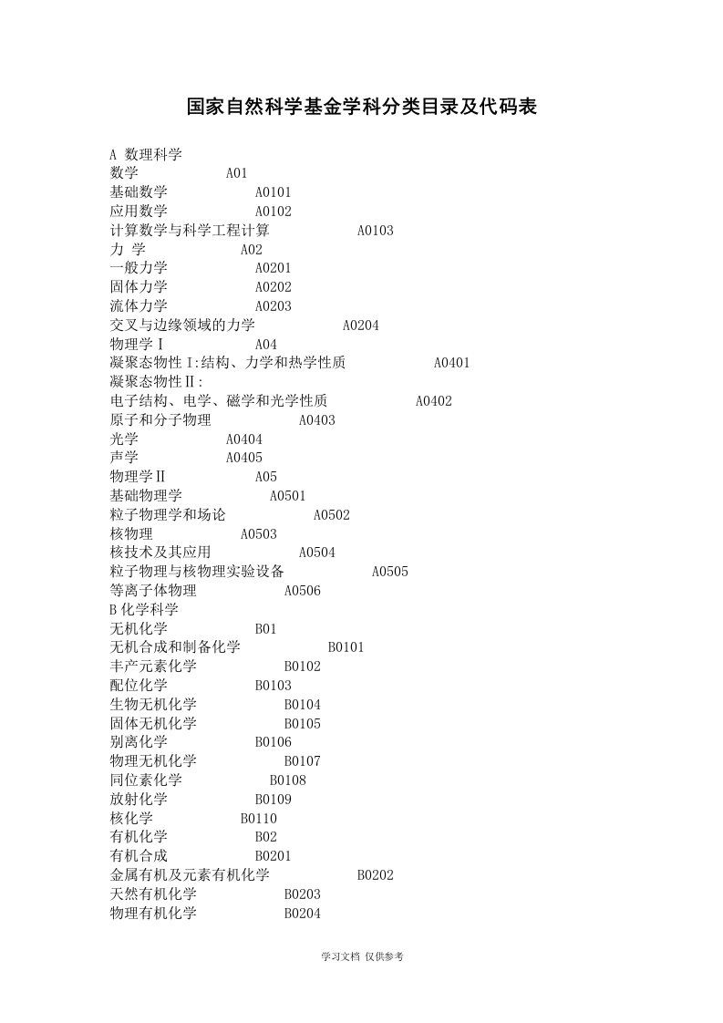 国家自然科学基金学科分类目录及代码表