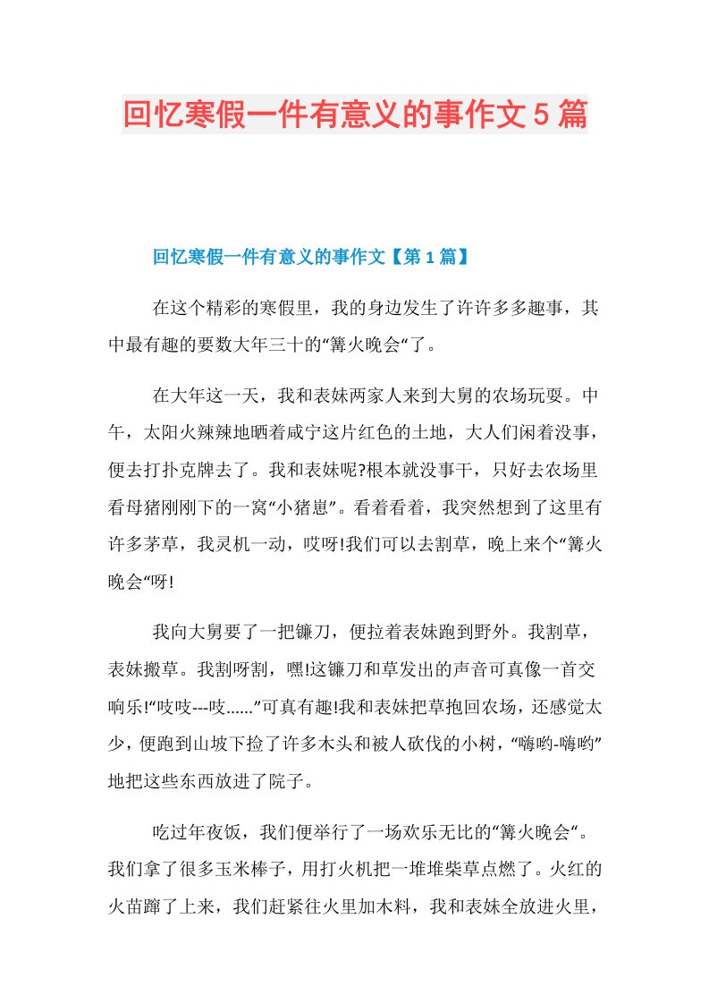 回忆寒假一件有意义的事作文5篇