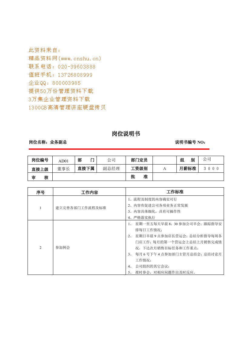 连锁企业业务副总岗位职务说明