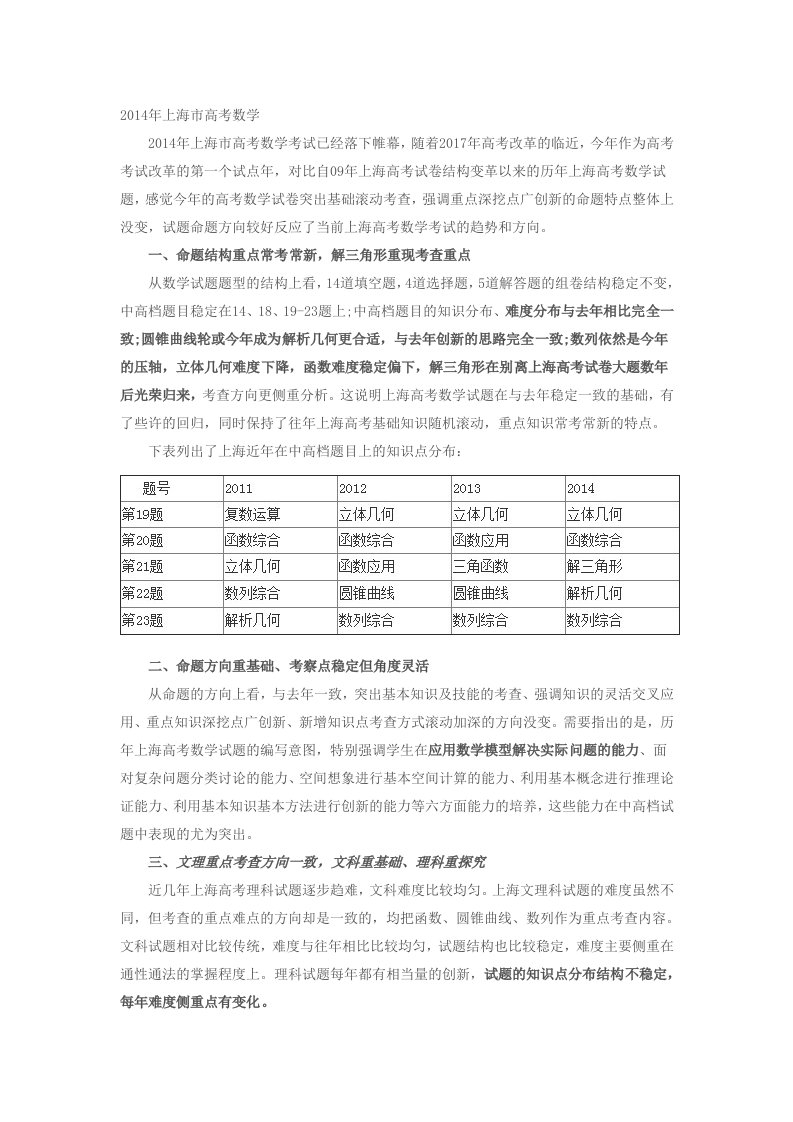 2014年上海市高考数学试卷分析