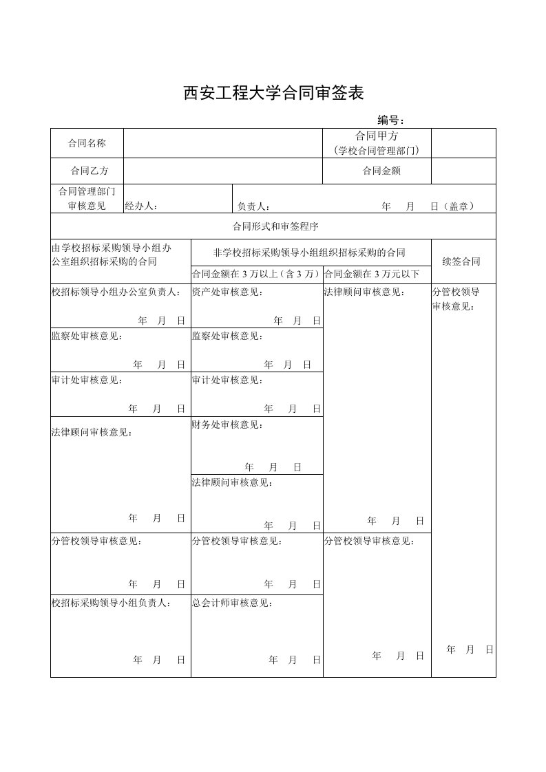 西安工程大学合同审签表