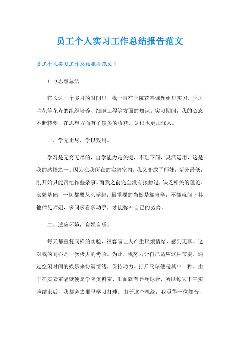 员工个人实习工作总结报告范文