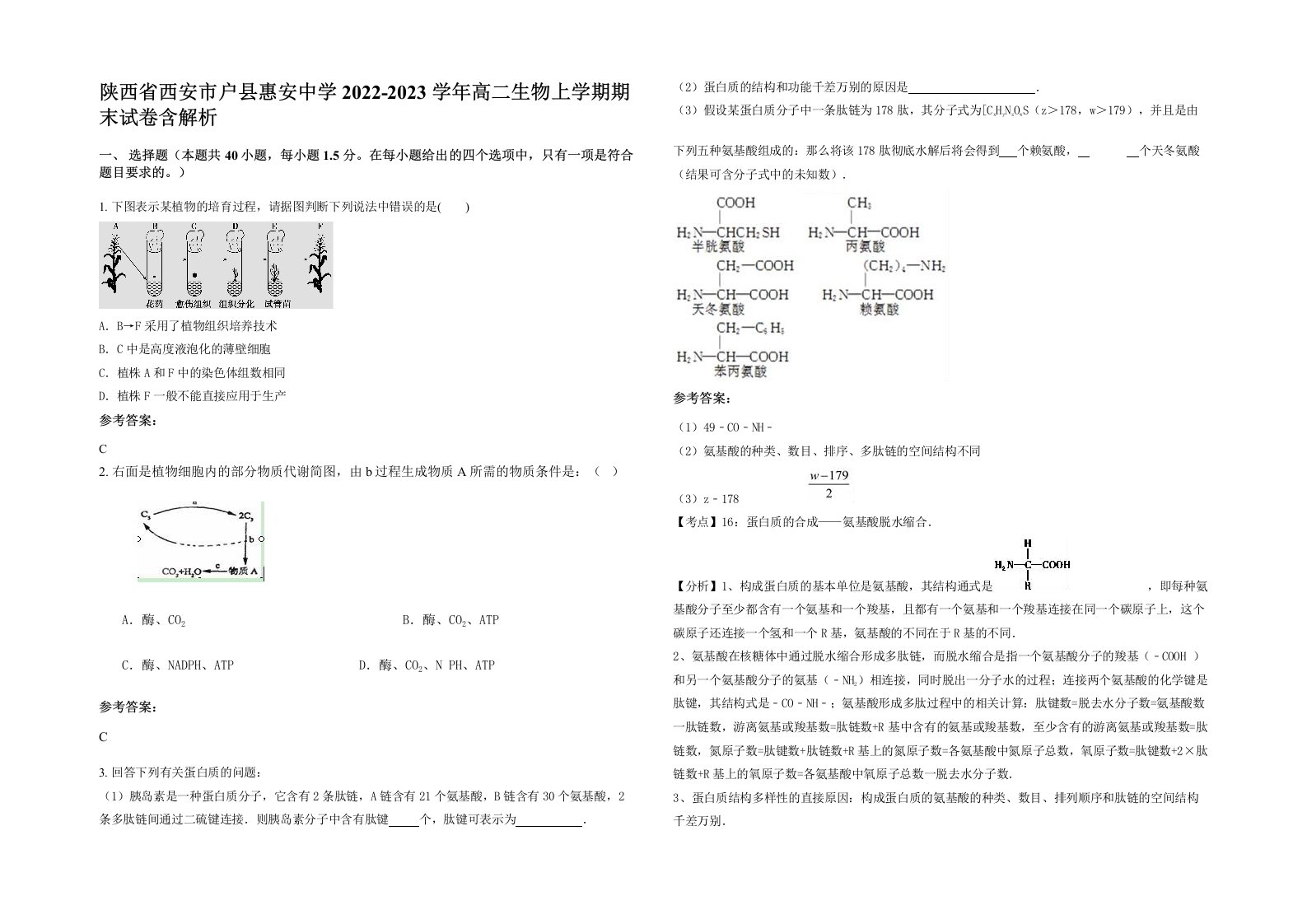 陕西省西安市户县惠安中学2022-2023学年高二生物上学期期末试卷含解析