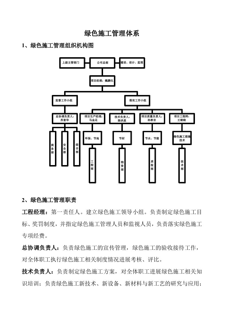 绿色施工管理组织机构及职责