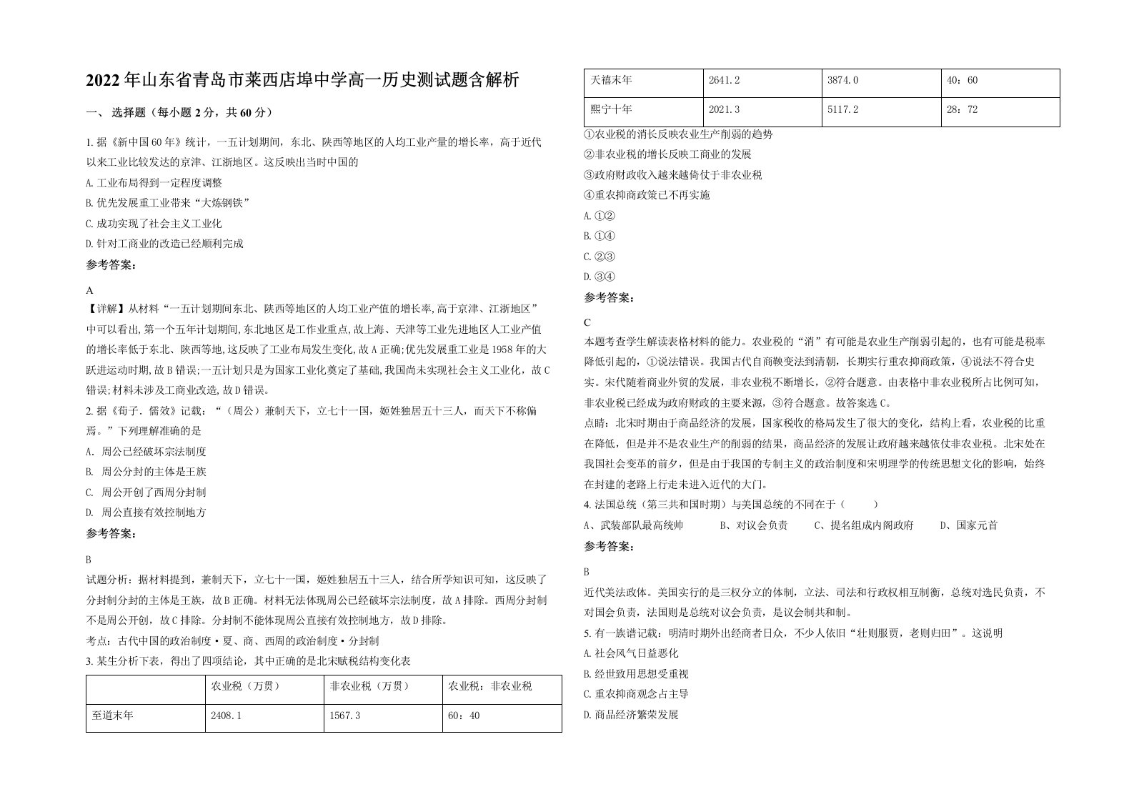 2022年山东省青岛市莱西店埠中学高一历史测试题含解析