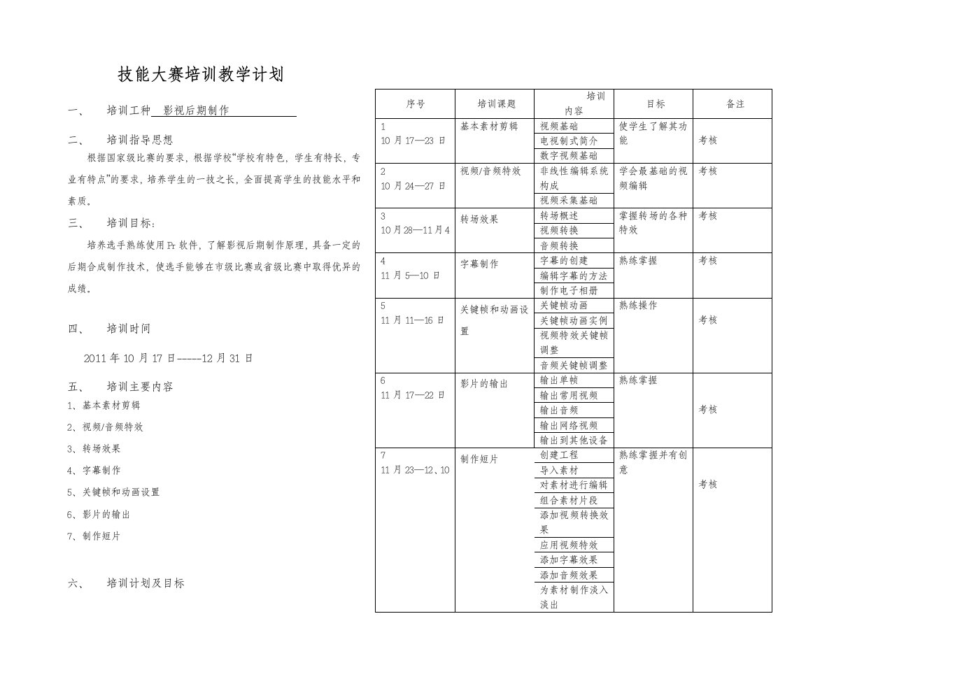 影视后期制作培训教学计划表