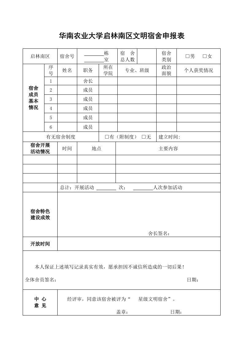 华南农业大学启林南区文明宿舍申报表（word）