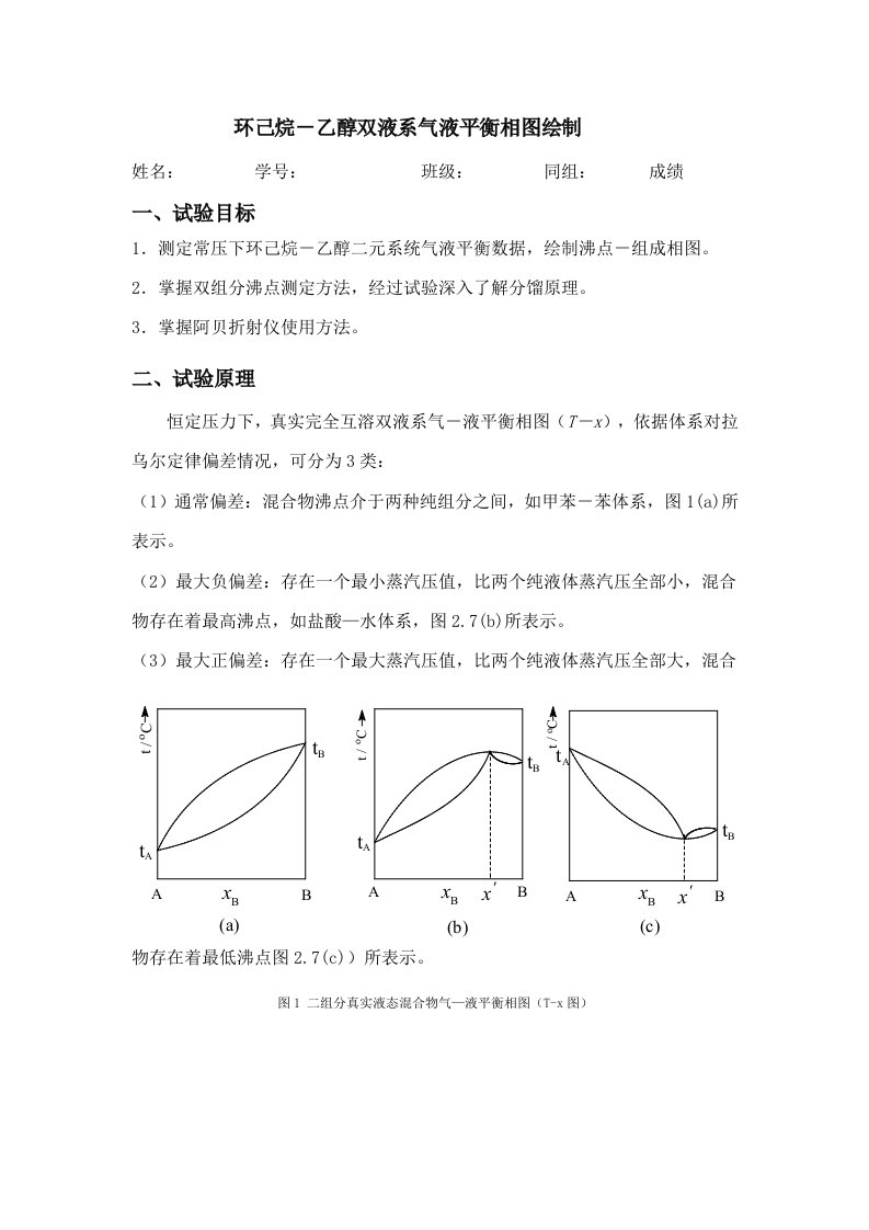 乙醇-环己烷气液平衡相图的绘制实验报告样稿