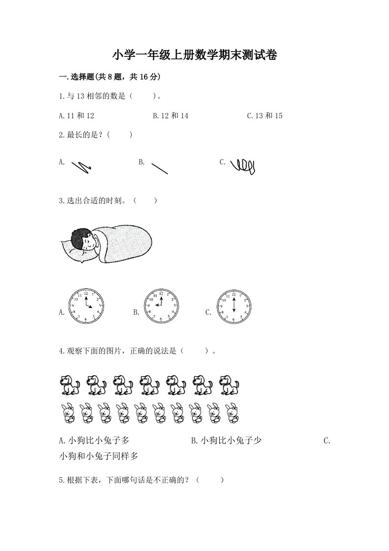 小学一年级上册数学期末测试卷含答案【培优a卷】