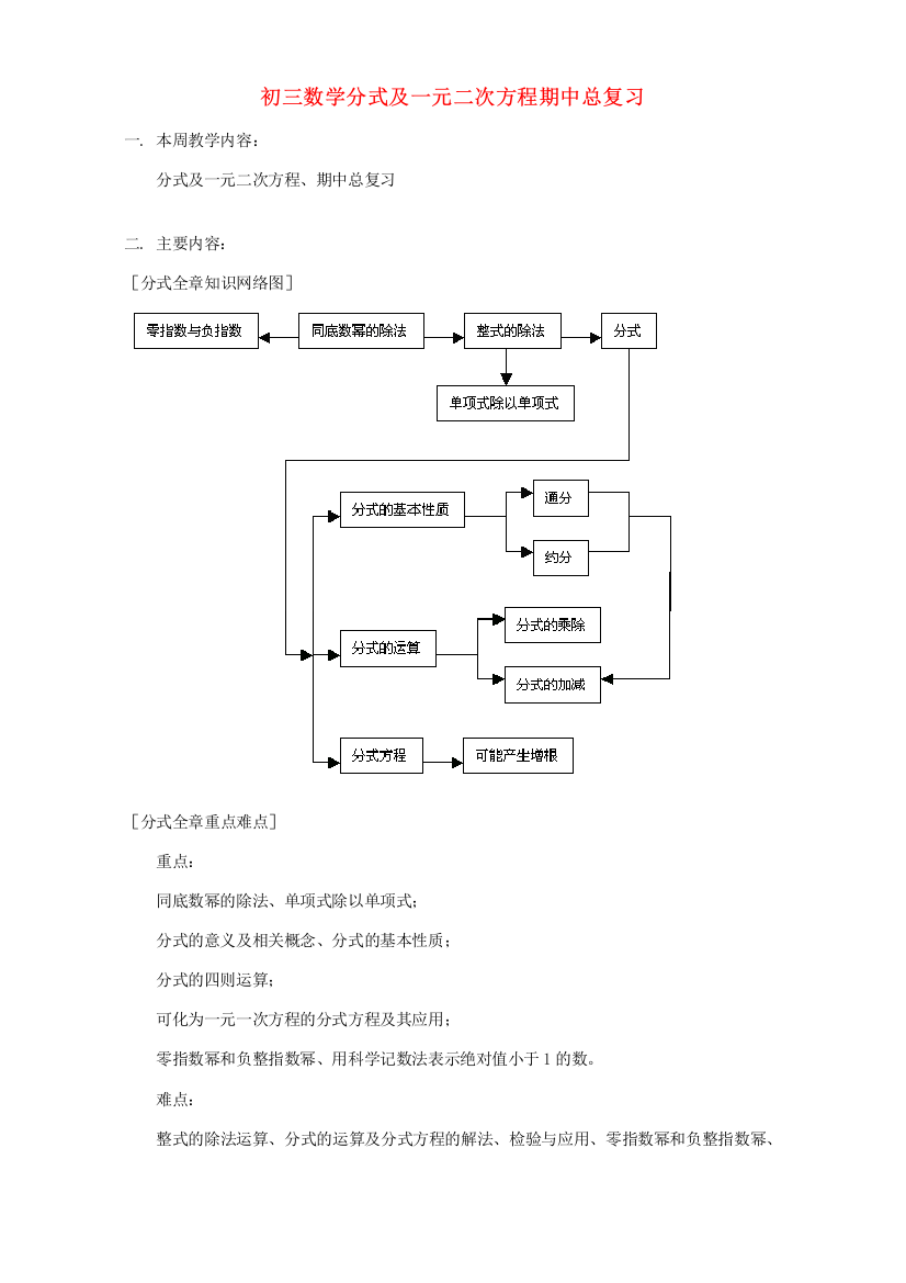 （小学中学试题）初三数学分式及一元二次方程期中总复习