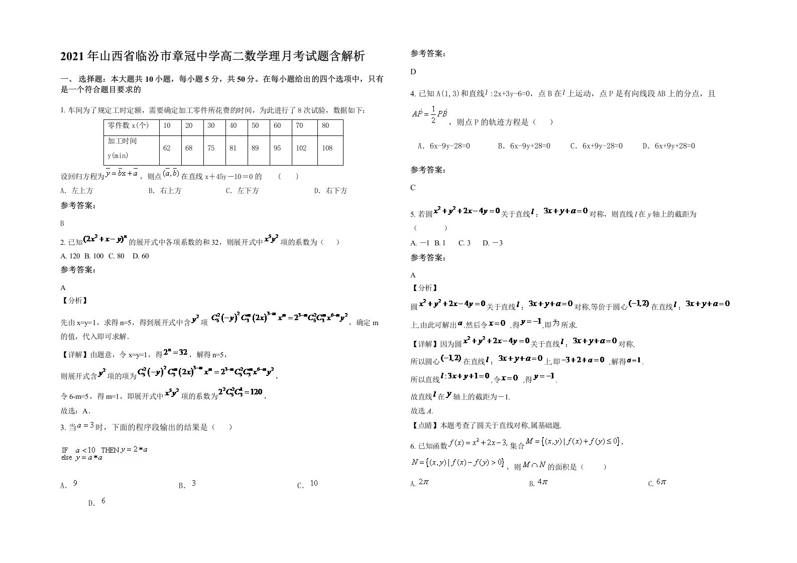 2021年山西省临汾市章冠中学高二数学理月考试题含解析