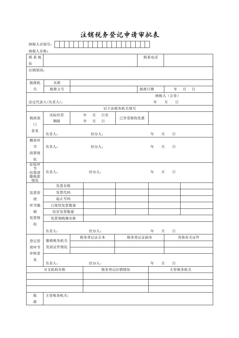 注销税务登记申请审批表