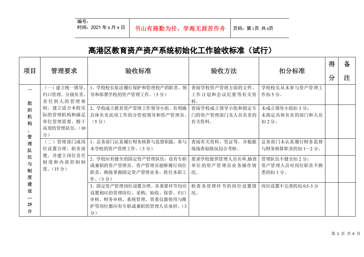 高港区教育资产资产系统初始化工作验收标准(试行)