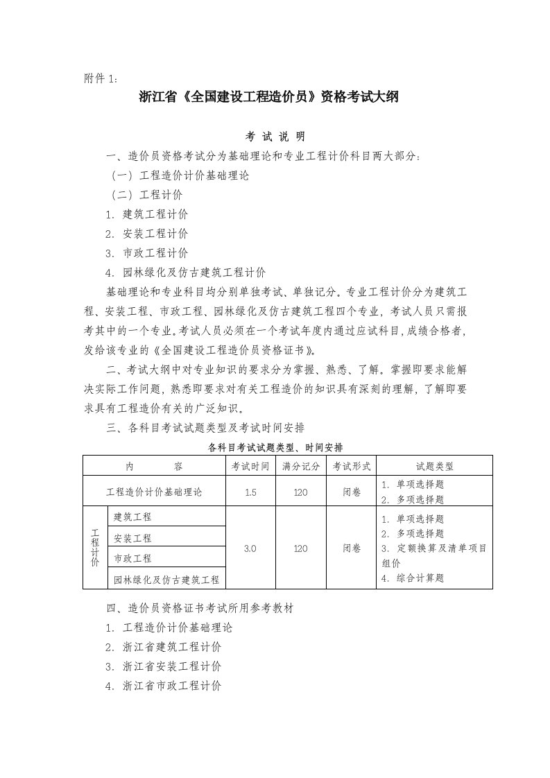 全国建设工程造价员资格考试大纲