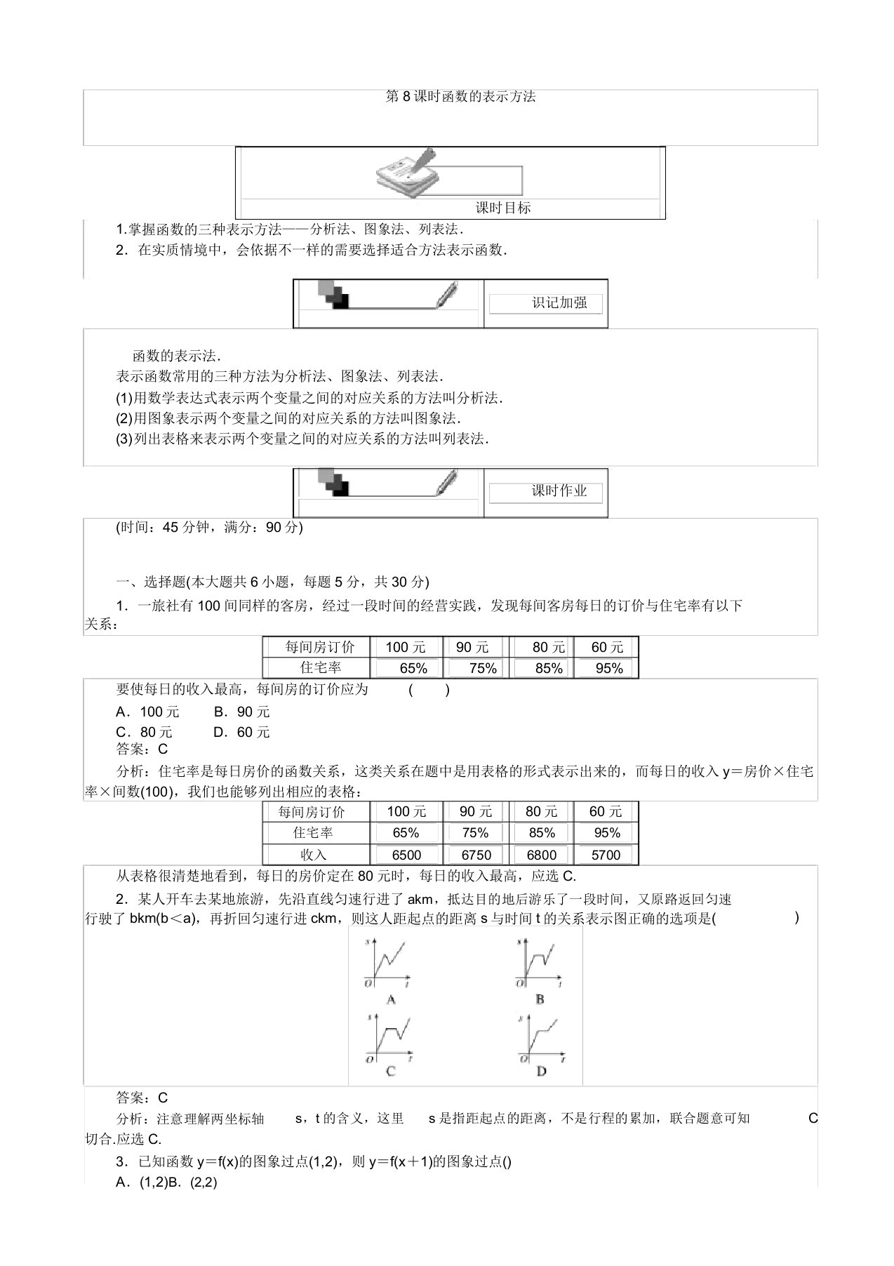 高中人教版数学a版高一必修1(45分钟课时作业与单元测试卷)：第8课时函数的表示方法