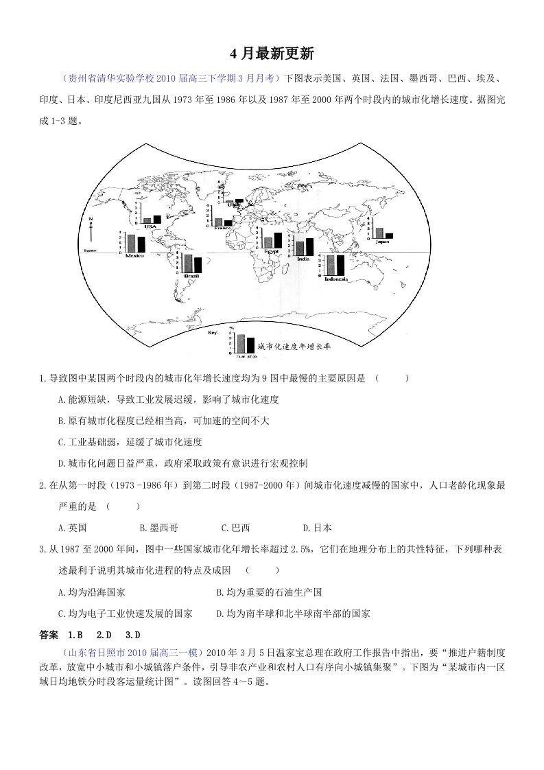 城市与城市化高考试题