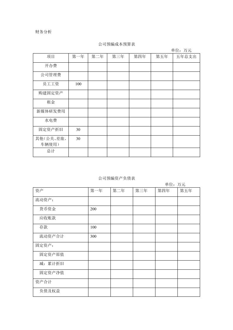 公司创业成本预算表模板