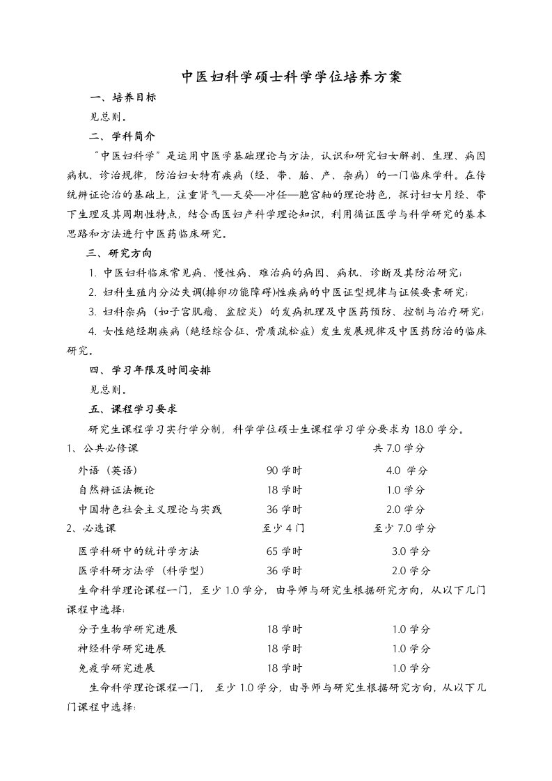 中医妇科学硕士科学学位培养方案