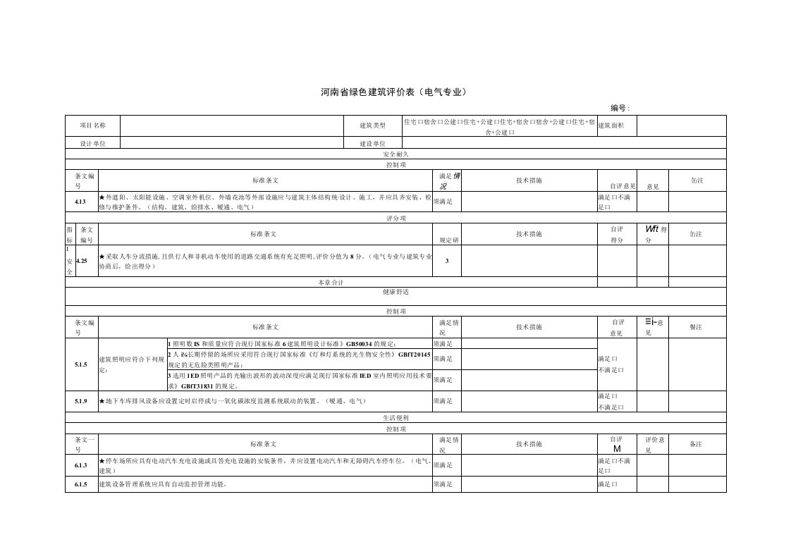 河南省绿色建筑评价表电气专业